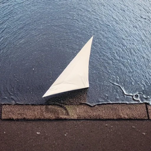 Image similar to long shot, of paper sailboat floating in a puddle near the sewer drain, 4k, HD Photography