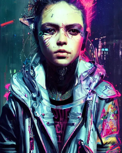 Image similar to detailed portrait Young Rebel Girl cyberpunk futuristic ((neon)) tattoes, yakuza, styled hair Reflective puffy sheen film jacket, decorated traditional ornaments by ismail inceoglu dragan bibin hans thoma greg rutkowski Alexandros Pyromallis Nekro James Jean illustrated Perfect face, fine details, realistic shaded, fine-face, pretty face