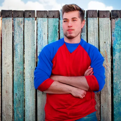 Image similar to young white guy in a red bandana staring at a blue sky with a fence in the background, photo, photoshoot, detailed