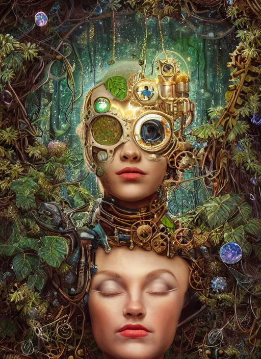 Prompt: oil painting of android woman covered by plants and crystals in the mystical forest, beautiful symmetrical face, renaissance style, wires and cords, golden steampunk, retro futurism, sci - fi, filigree jewellery, baroque, cinematic light, mystical shadows, 8 k