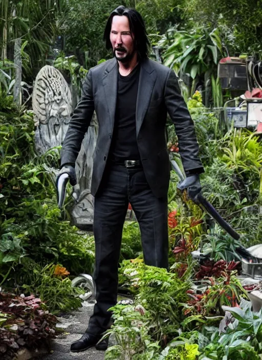 Image similar to keanu reeves as johnny silverhand working in a garden, wake up samurai, solarpunk, lots of plants, gardening, permaculture, cyberpunk 2 0 7 7, anarchy, realistic, ultra detailed