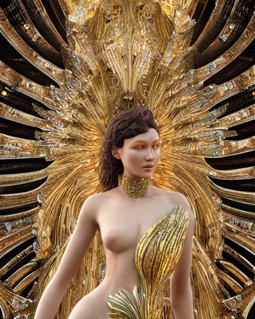 Prompt: a highly detailed metahuman 4 k close up render of a bella hadid archangel monument renaissance in iris van herpen dress schiaparelli in diamonds crystals swarovski and jewelry iridescent in style of alphonse mucha gustav klimt trending on artstation made in unreal engine 4