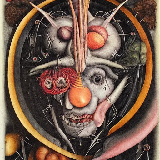 Prompt: post - album cover, asymmetrical design, off white frame around, new age, apocalypse, psychedelic, black white pink, magic, giger h. r., giuseppe arcimboldo