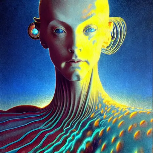 Image similar to realistic extremely detailed portrait painting of a glowing silhouette, futuristic sci-fi landscape on background by Jean Delville, Amano, Yves Tanguy, Alphonse Mucha, Ernst Haeckel, Edward Robert Hughes, Roger Dean, rich moody colours, blue eyes