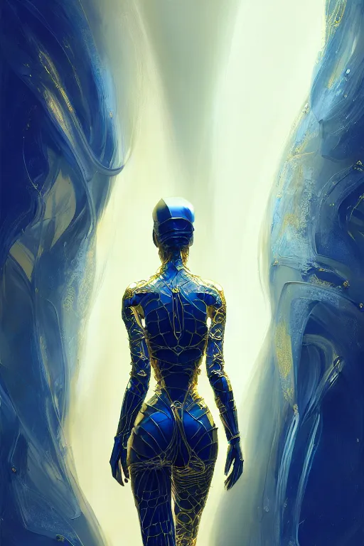 Image similar to detailed portrait glam cyber noun, attractive feminine curves, intricate, scifi, futuristic, elegant cape, elegant, alien room background, white, blue, gold, photorealism, intricate line drawings, by craig mullins, ruan jia, kentaro miura, greg rutkowski, loundraw