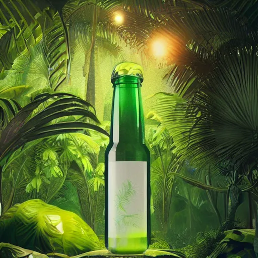 Prompt: green juice bottle in a luscious tropical grove with neon auroras, path traced, environment, highly detailed, concept art, realistic, octane render, up close shot shinji aramaki, karol bak, alphonse mucha