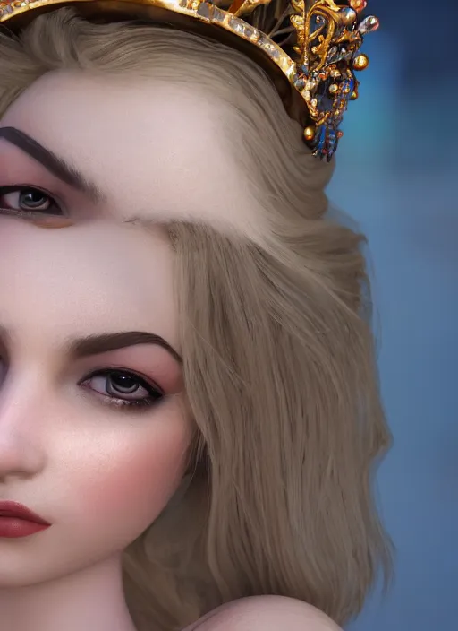 Image similar to closeup face profile portrait of a fairytale princess wearing a crown eating cakes, bikini, depth of field, zeiss lens, fashion photoshoot, by dan decarlo, breathtaking, 8 k resolution, extremely detailed, beautiful, establishing shot, artistic, hyperrealistic, octane render