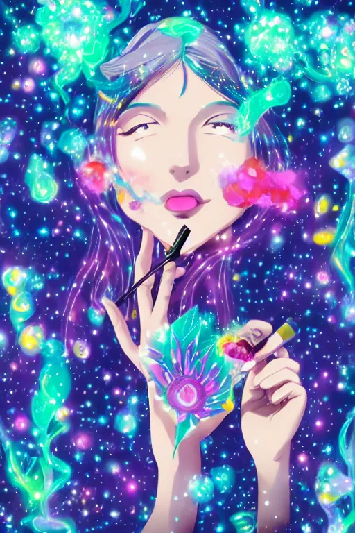 Image similar to psychedelic, whimsical, anime, 4k, beautiful intimate woman blowing smoke, with professional makeup, long trippy hair, a crystal and flower dress, sitting in a reflective pool, surrounded by gems, underneath the stars, rainbow fireflies, trending on patreon, deviantart, twitter, artstation, volumetric lighting, heavy contrast, art style of Ross Tran and Ilya Kuvshinov