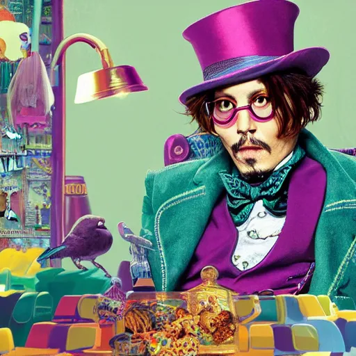 Image similar to Johnny Depp is covered in a blanket and drinking tea in Willy Wonka's Chocolate Factory, Illustration, Colorful, insanely detailed and intricate, super detailed, by Beeple