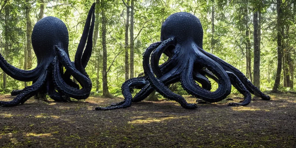 Image similar to a highly detailed giant black octopus god in the middle of a forest, beautiful ambient light, sun rays hitting the slightly transparent creature, 8k photography