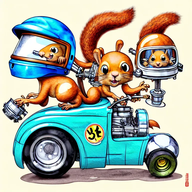 Image similar to cute and funny, squirrel wearing a helmet riding in a hot rod with oversized engine, ratfink style by ed roth, centered award winning watercolor pen illustration, isometric illustration by chihiro iwasaki, edited by range murata, tiny details by artgerm and watercolor girl, symmetrically isometrically centered, sharply focused