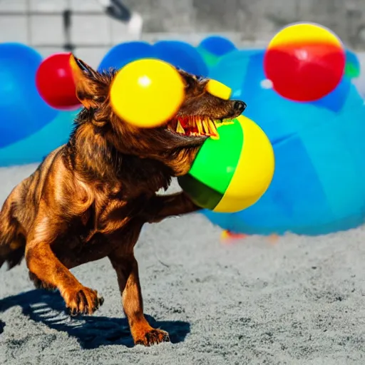 Prompt: snarling hellhound dog playing with a colorful beachball in hell