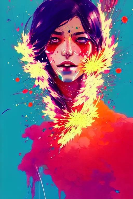 Prompt: a ultradetailed beautiful panting of a woman with a colorful explosion coming out of her neck, by conrad roset, greg rutkowski and makoto shinkai, trending on artstation