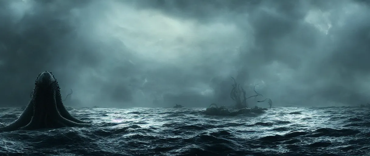 Image similar to a huge terrifying lovecraftian sea monster with tentacles that rises out of the waters of an ocean bay, heavy fog, atmospheric, cinematic, 3D, dramatic sky, establishing shot, low angel, water splash, thunderstorm, Octane render, 8K, ridley scott, david fincher