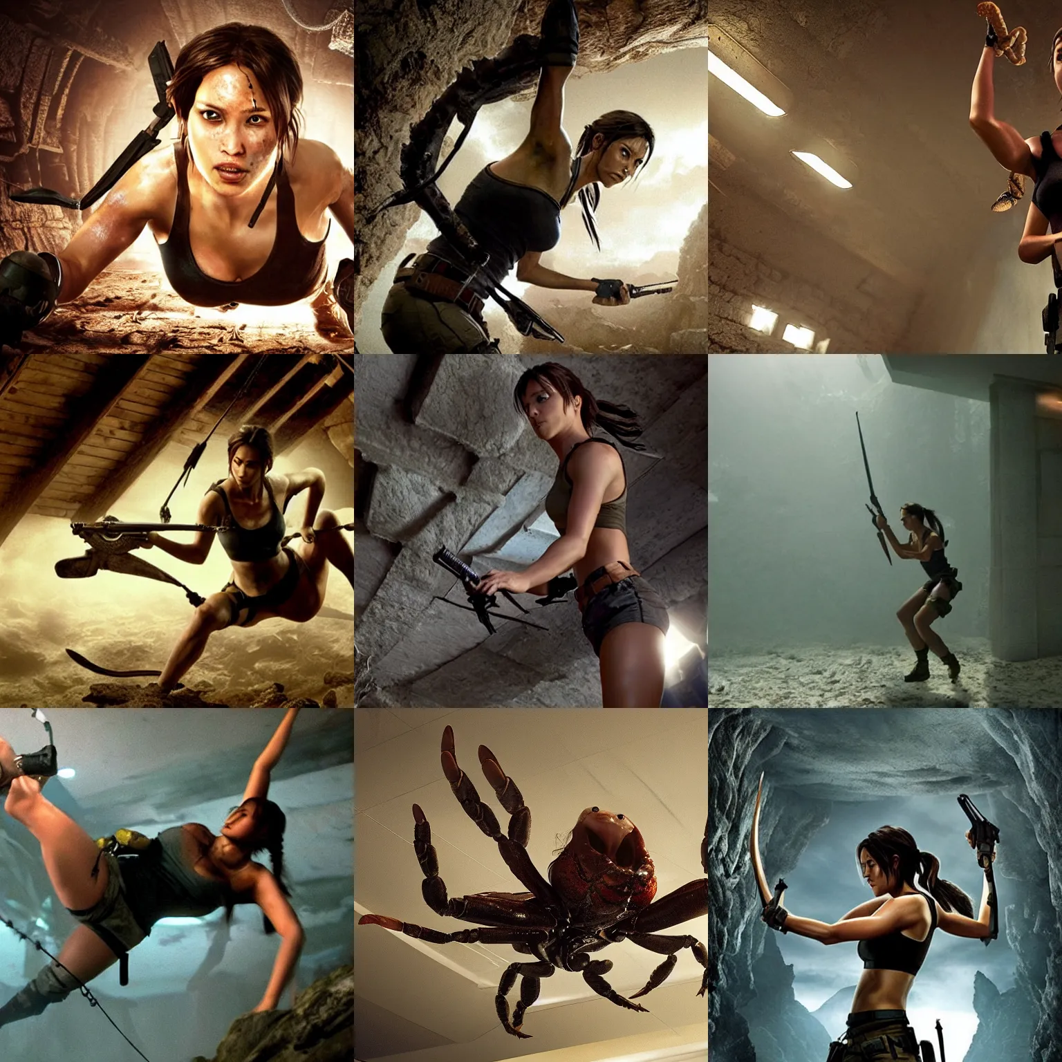 Prompt: Lara Croft crab walking along the ceiling, directed by Takashi Shimizu, movie, dark, horror, scary