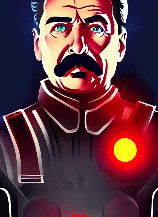 Prompt: « a portrait o cyberpunk joseph stalin, glowing eyes, cartoon, artstation hd »