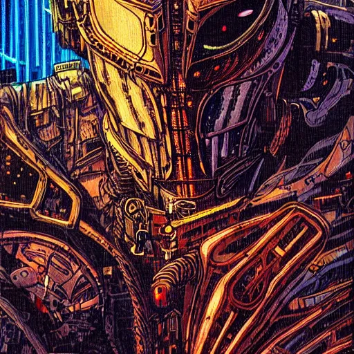 Image similar to cyberpunk knight, atmospheric lighting, painted, intricate, golden hour, ultra detailed by philippe druillet