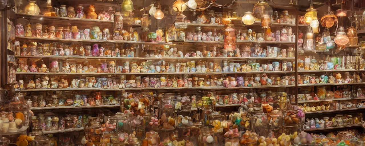 Prompt: Inside an old fashioned sweet shop, large sweet jars on shelves, beautiful brand labels, fantasy vendor interior, wide angle, cinematic, highly detailed, cinematic lighting, blender, trending on cgsociety, colorful, trending on artstation