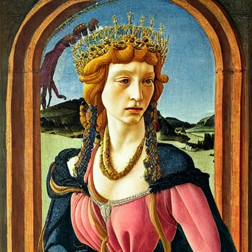 Image similar to portrait of tyrannosaurus dressed as an italian queen, painting by botticelli