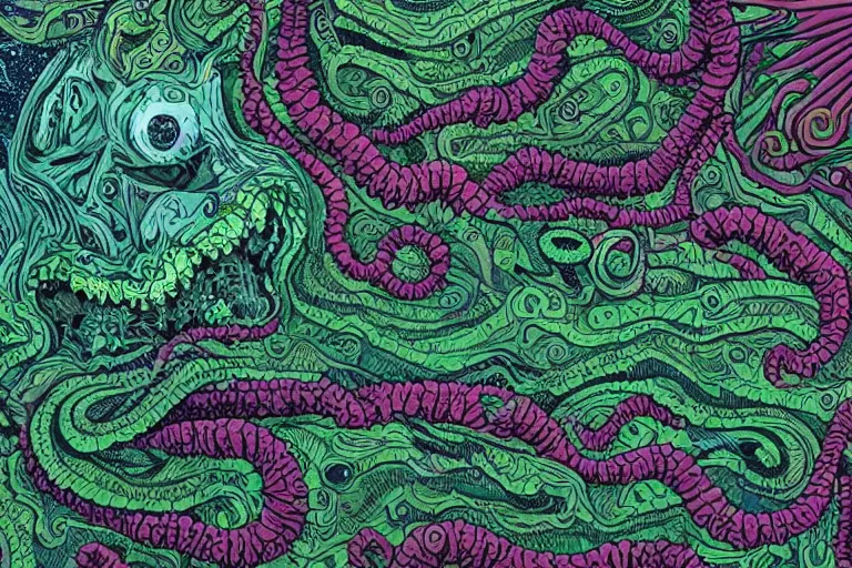 Prompt: lovecraftian limes by harry pack. 8 k intricate details hypermaximalist 2 d