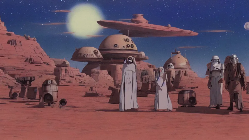 Prompt: promotional still tatooine landscape Star Wars a new hope 1977 studio ghibli Miyazaki animation highly detailed 70mm