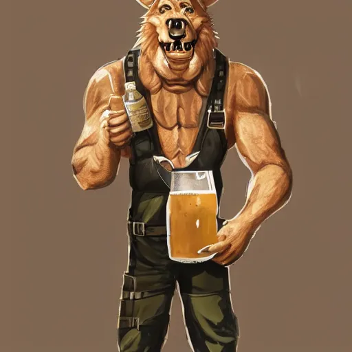 Image similar to a humanoid german shepherd beast - man in military style, holding a bottle of beer, artstation, concept art, smooth, sharp foccus ilustration, artstation