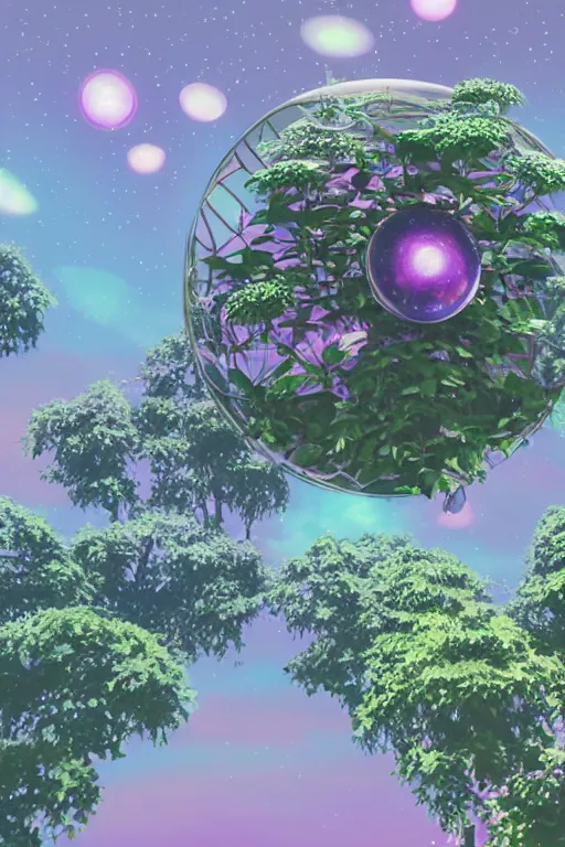 Image similar to multi level botanical garden spaceship floating in space, calm, tranquil, faded effect, detailed, vaporwave colors, render by substance designer