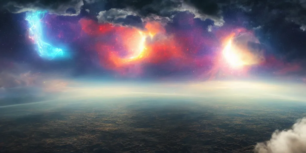 Prompt: Cosmic inflation bubbles peaking through the clouds, above the layer of clouds is a council of ascended masters, rays of consciousness, concept art, matte painting, 8k, highly detailed, artstation, light being, high quality,
