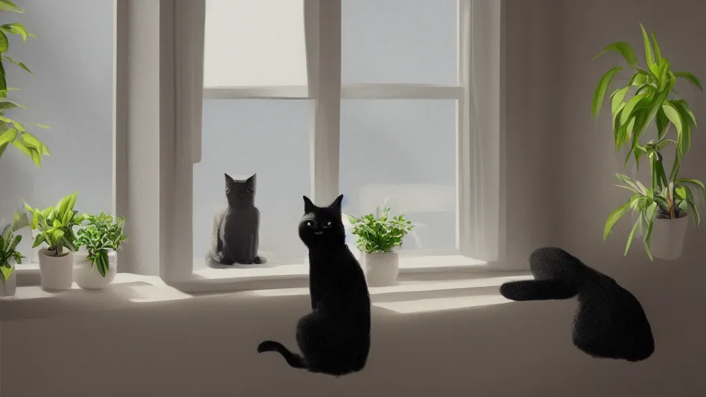 Image similar to peaceful dreamy painting of a black cat sitting by a window and looking outside, sunshine coming through the window, small plants on the window sill, 8k, hyper realism, trending on artstation, octane render