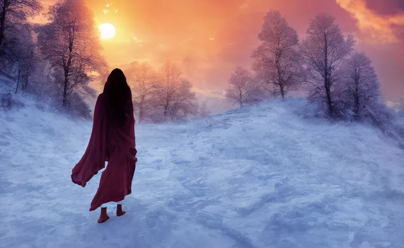 Image similar to Himalayan woman walking barefoot in the snow, beautiful flowing fabric, sunset, dramatic angle, cold, lost, hopeless, dynamic pose, 8k hdr pixiv dslr photo by Makoto Shinkai ilya kuvshinov and Wojtek Fus