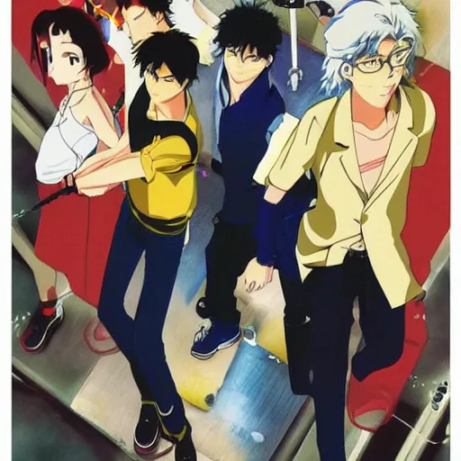 Prompt: film still Poster of Banana Fish Gang by Dice Tsutsumi, Makoto Shinkai, Studio Ghibli, playstation 2 printed game poster cover, cover art, poster, poster!!!