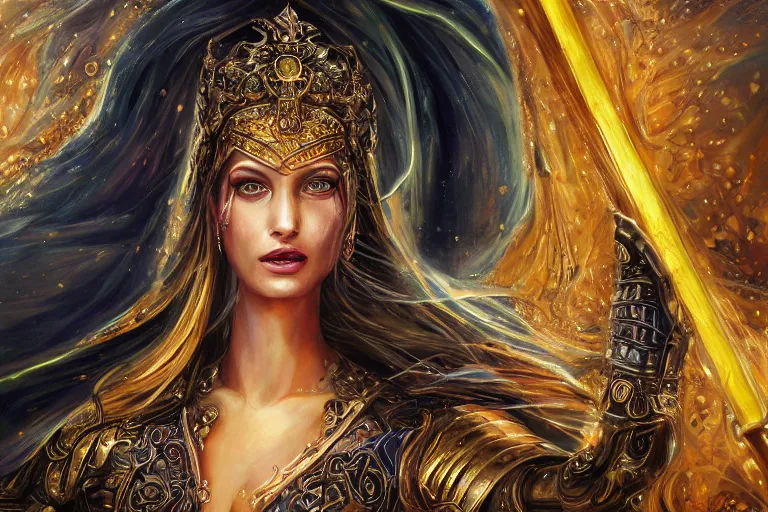 Image similar to furious beautiful Goddess of life with a veil, dark Goddess of artificial intelligence creating an artificial neural network with gold synapses on an anvil with her hammer, high resolution, award winning art, trending on art station, sharp image, incredibly detailed, detailed character, realistic painting, hyper-realistic painting, coherent painting, ethereal halls of valhalla in the background, master piece by tzao chengdu matsumoto