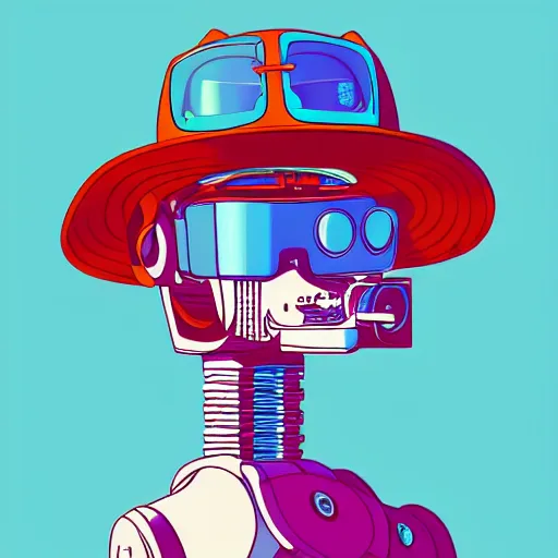 Prompt: a half robot cat wearing a hat, outrun, vaporware, shaded flat illustration, digital art, trending on artstation, highly detailed, fine detail, intricate