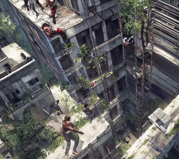 Prompt: Dying light 3 concept art, new york city, hordes of zombies on streets, runners on rooftops, ziplines across skyscrapers, swinging from a rope gameplay screenshot