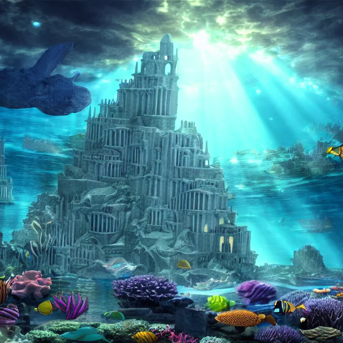 Prompt: hyper realistic, high detail photo of city of atlantis, underwater, lights on, beautiful, dreary lighting