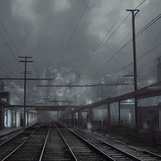 Prompt: locomotive arriving to train station in a horror city. black metal. nightmarish, horrific, scary, atmospheric, epic scene, unreal engine render, octane render