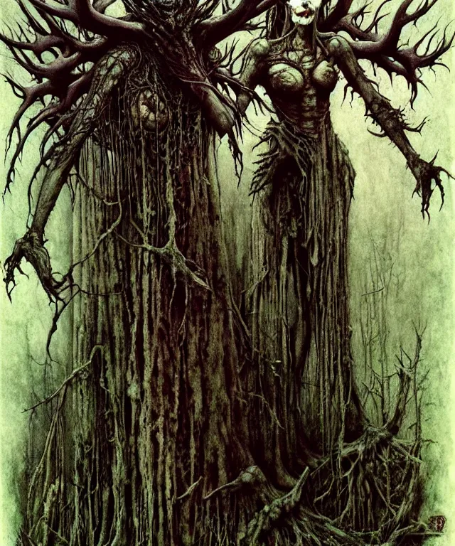 Image similar to a detailed creepy horned woman with many joints and arms stands among the forest. wearing a ripped mantle, robe. perfect faces, extremely high details, realistic, fantasy art, solo, masterpiece, art by zdzislaw beksinski, arthur rackham, dariusz zawadzki, hermann nitsch