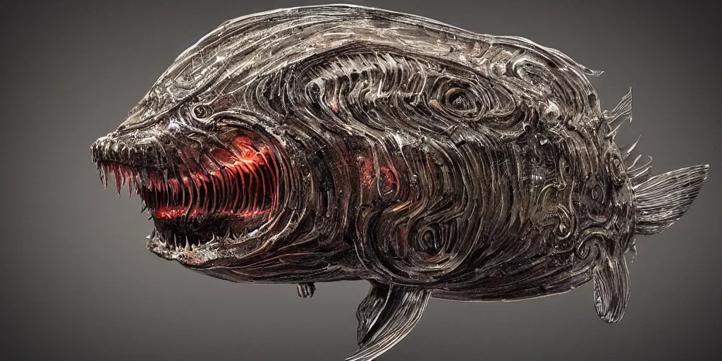 Image similar to angler fish sculpture, stylized layered shapes, long flowing fins, bioluminescent orbs, diffuse lighting, glowing eye, intricate, elegant, highly detailed, lifelike, photorealistic, digital painting, artstation, smooth, sharp focus, art by h r giger