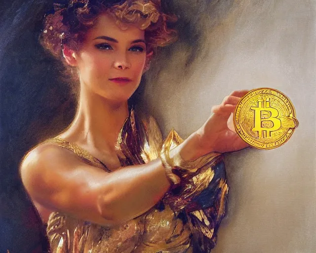 Image similar to attractive woman holding a golden bitcoin, commercial by annie liebovitz, gaston bussiere, craig mullins, j. c. leyendecker