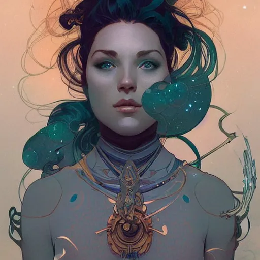 Image similar to portrait of a female space explorer, D&D, fantasy, elegant, hopeful, cosmic, muscular, highly detailed, digital painting, artstation, concept art, sketchy linework, sharp focus, illustration, art by alphonse mucha and peter mohrbacher