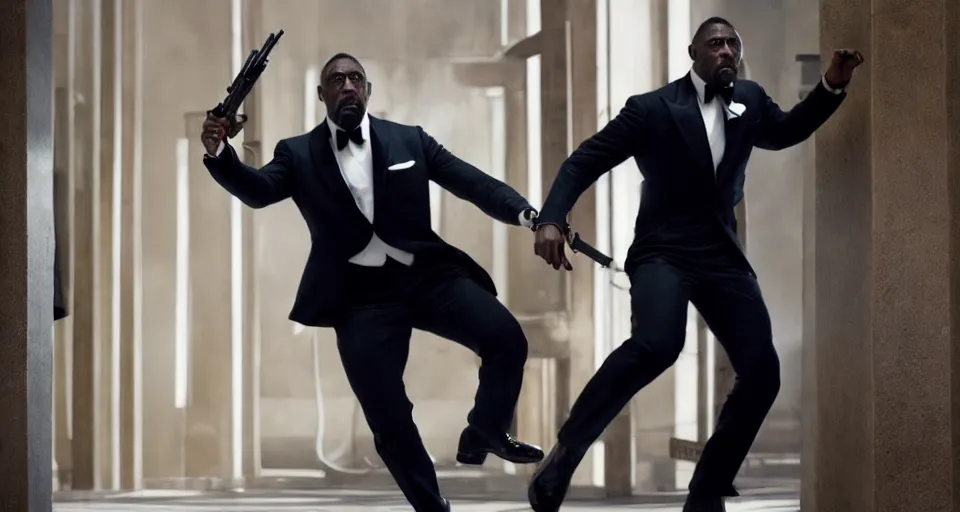 Image similar to idris elba as james bond, cinematic action scene, struggling to not fall off a building, straining, tuxedo, color corrected, promotional movie shot