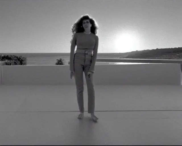 Image similar to a still of a young woman standing on a huge concrete white deck, high above the ground, of a minimalist beach house, outside view, low angle, clear sky and background, in the music video Wrapped Around your Finger (1983)