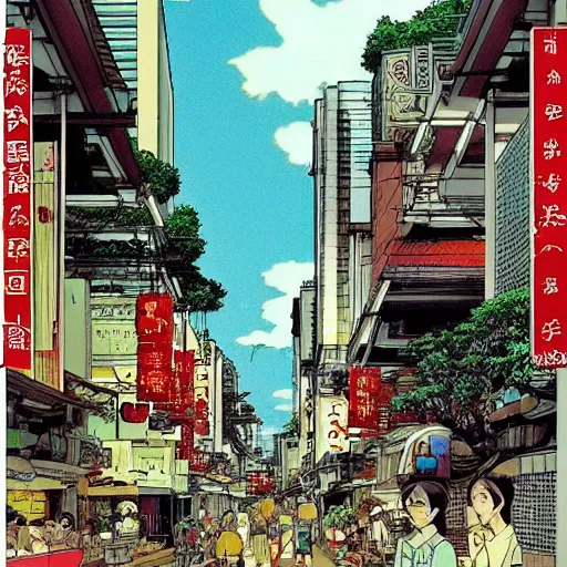 Image similar to a street in singapore, by satoshi kon