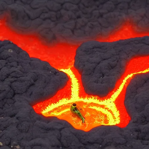 Image similar to frog screaming at an ocean of lava split in two