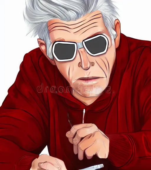 Image similar to young man in red jacket and white shirt, white hair, round goggles, smoking cigarette, character portrait, sharp focus, illustration, high detailed