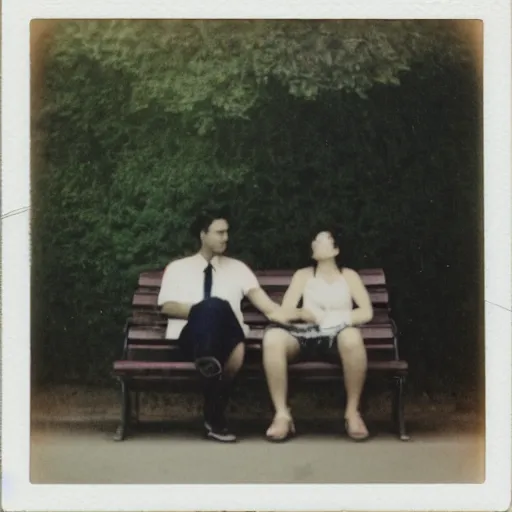 Prompt: a couple sitting on a park bench, Polaroid