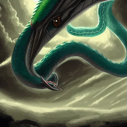 Prompt: rayquaza the snake like dragon pokemon flying in the sky, regal, imposing, dark, winter, snow, beautiful, stunning, hd, illustration, epic, d & d, fantasy, intricate, elegant, highly detailed, wide angle, digital painting, artstation, concept art, smooth, sharp focus, illustration, wallpaper, art featured on artstation