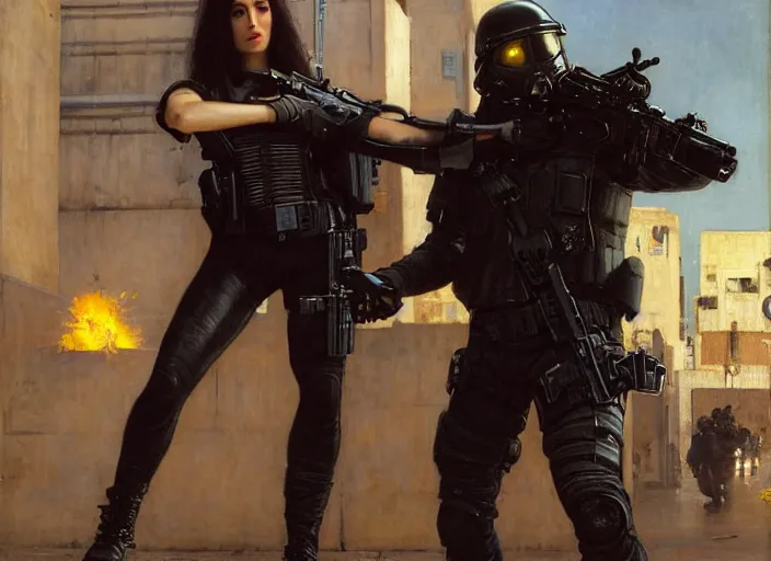 Prompt: Maria evades sgt Griggs. Cyberpunk hacker escaping Menacing Cyberpunk police trooper griggs wearing a combat vest. (dystopian, police state, Cyberpunk 2077, bladerunner 2049). Iranian orientalist portrait by john william waterhouse and Edwin Longsden Long and Theodore Ralli and Nasreddine Dinet, oil on canvas. Cinematic, vivid colors, hyper realism, realistic proportions, dramatic lighting, high detail 4k