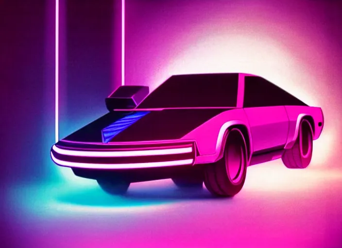 Prompt: knight rider, 1 9 8 2, futuristic style, soft neon, palm, synthwave, technology, shit, daft punk