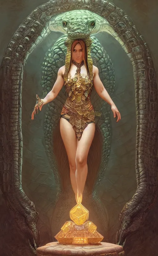 Image similar to half crocodile godess in temple portal, reptilian skin, d & d, fantasy, full body portrait, elegant, highly detailed, digital painting, artstation, concept art, matte, sharp focus, illustration, art by artgerm and greg rutkowski and alphonse mucha